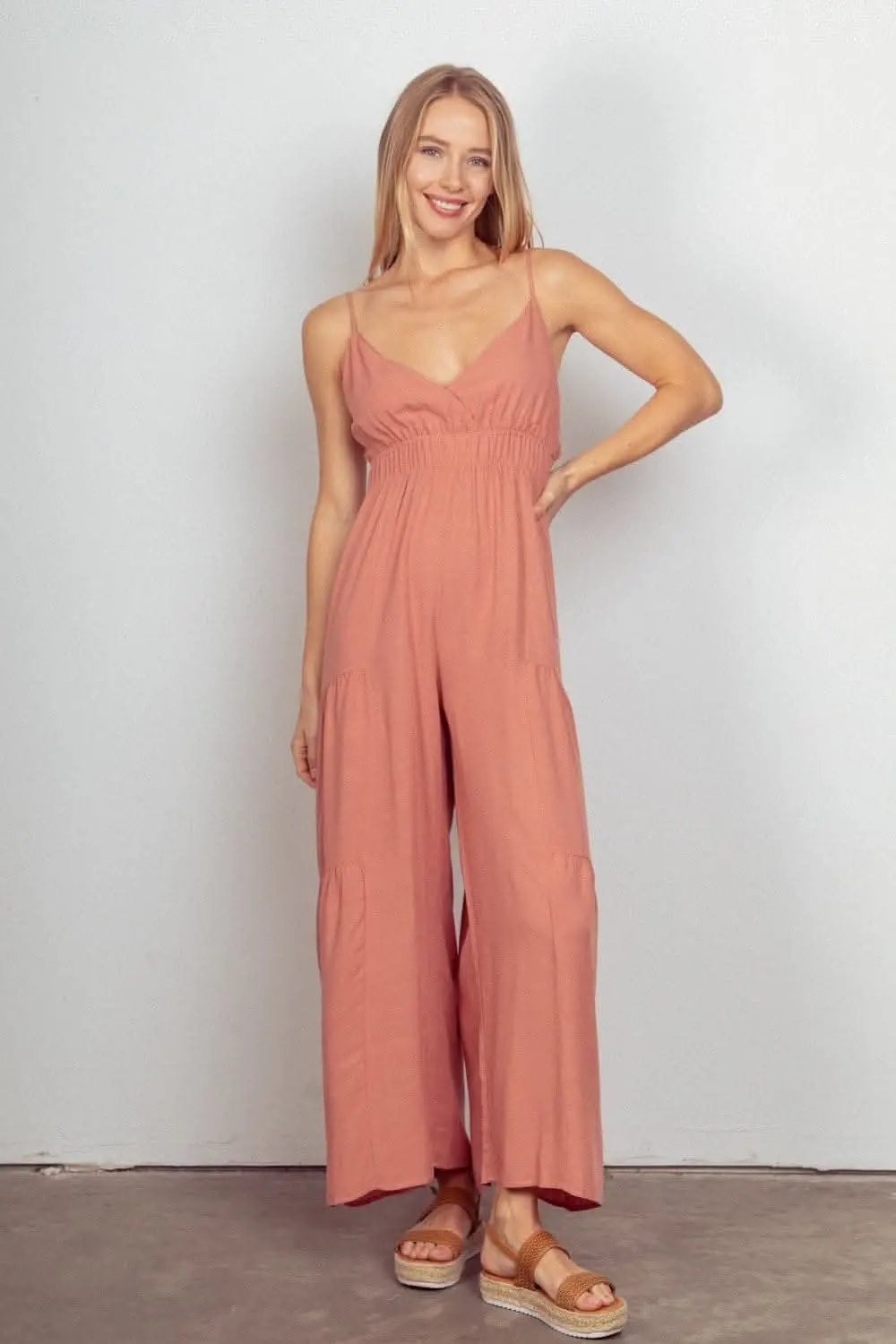 VERY J Sleeveless Ruched Wide Leg Jumpsuit - Love Salve